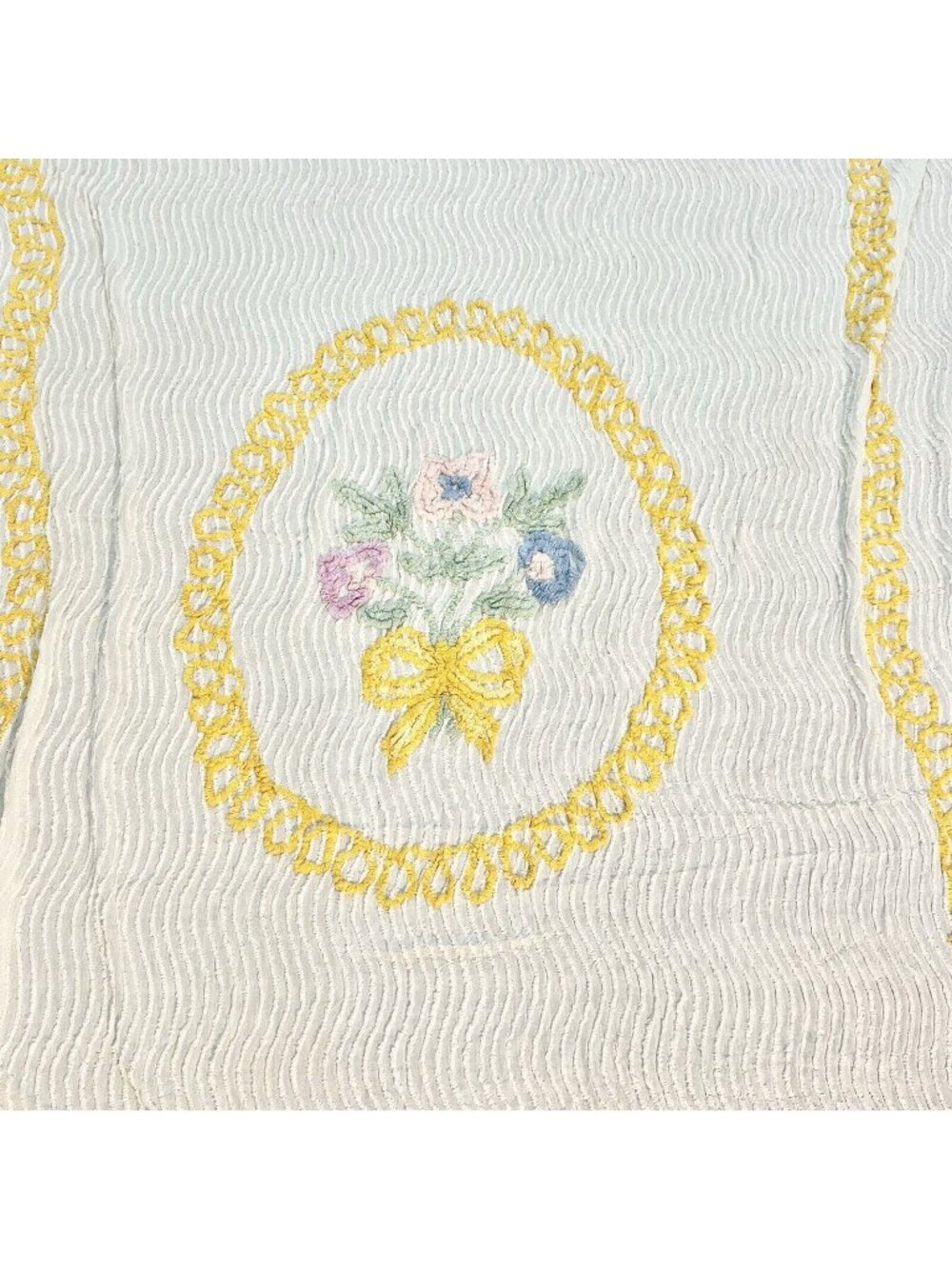 Vintage Chenille White Bedspread Floral Motif Yellow Border 106x98
